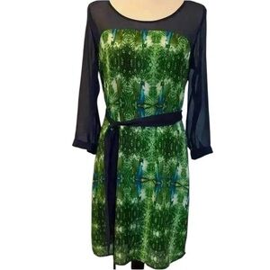 Mauve‎ Womens Dress Midi Belt peacocks blue green sheer long sleeve small